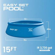Round inflatable ring above ground swimming pool set in a sunny backyard