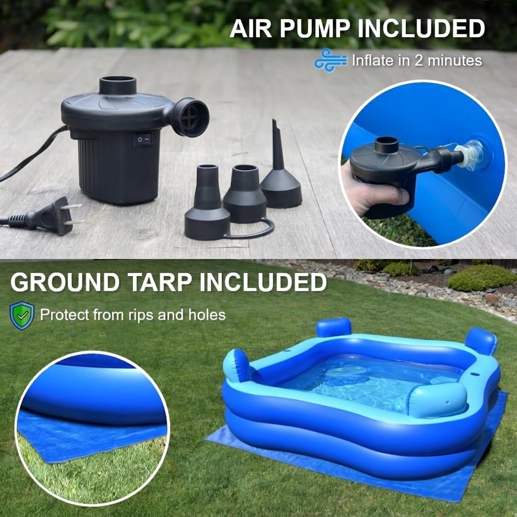 Electric pump inflating a backyard family pool