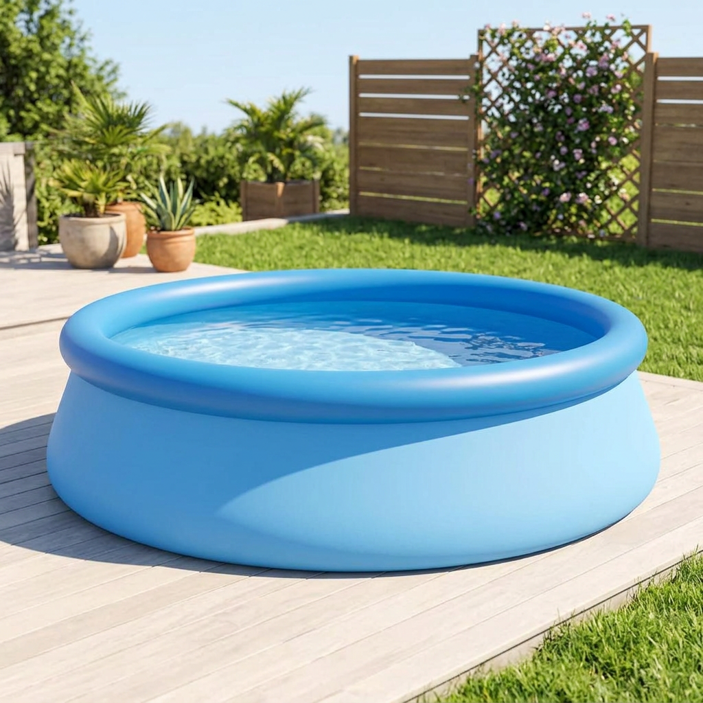 Round inflatable ring swimming pool set up in a sunny backyard