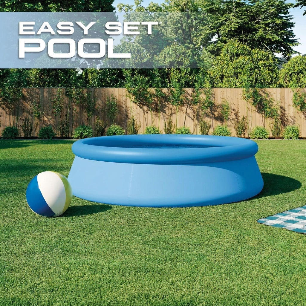 Family swimming in an above ground inflatable pool