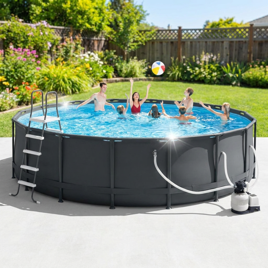 Round galvanized steel frame above ground swimming pool in a backyard