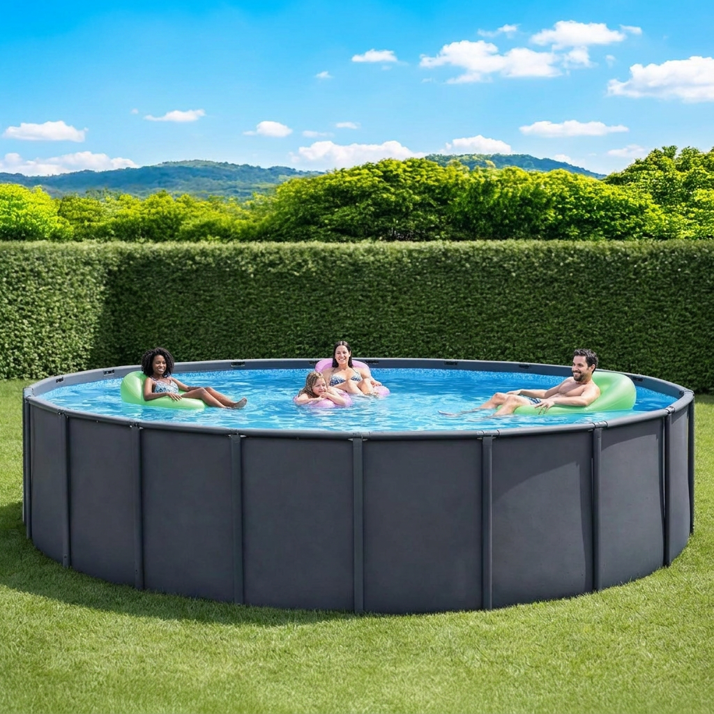 Reinforced steel frame beams on a round above ground pool