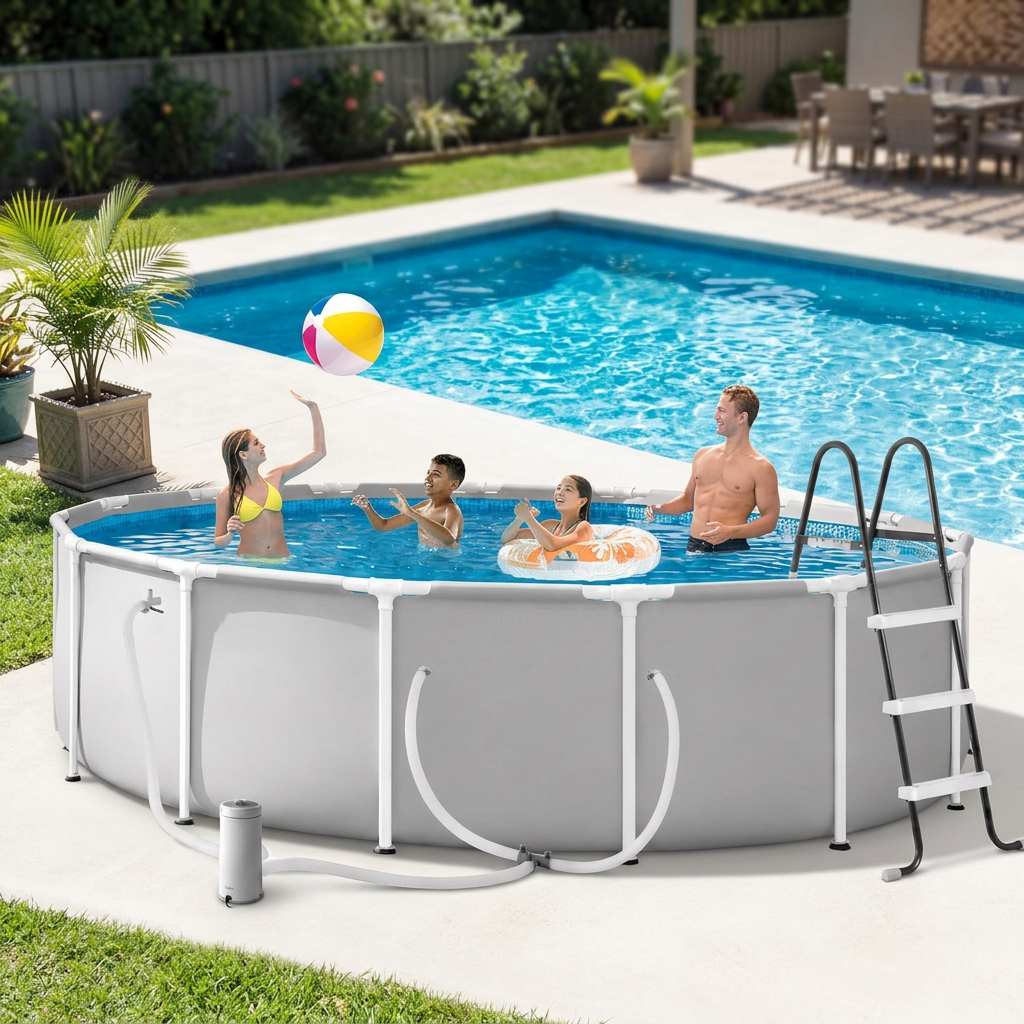 Round steel frame above ground pool set in a sunny backyard
