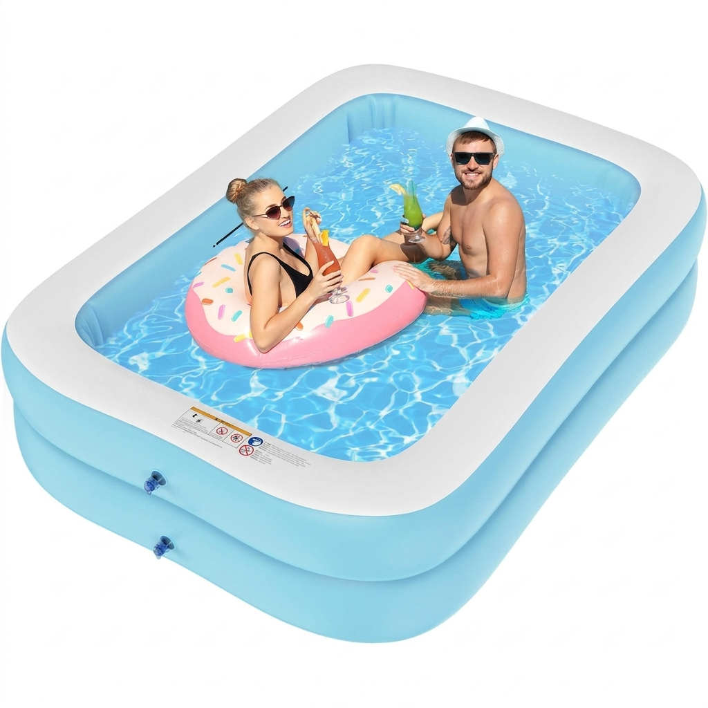 Rectangular inflatable swimming pool set up in a sunny backyard