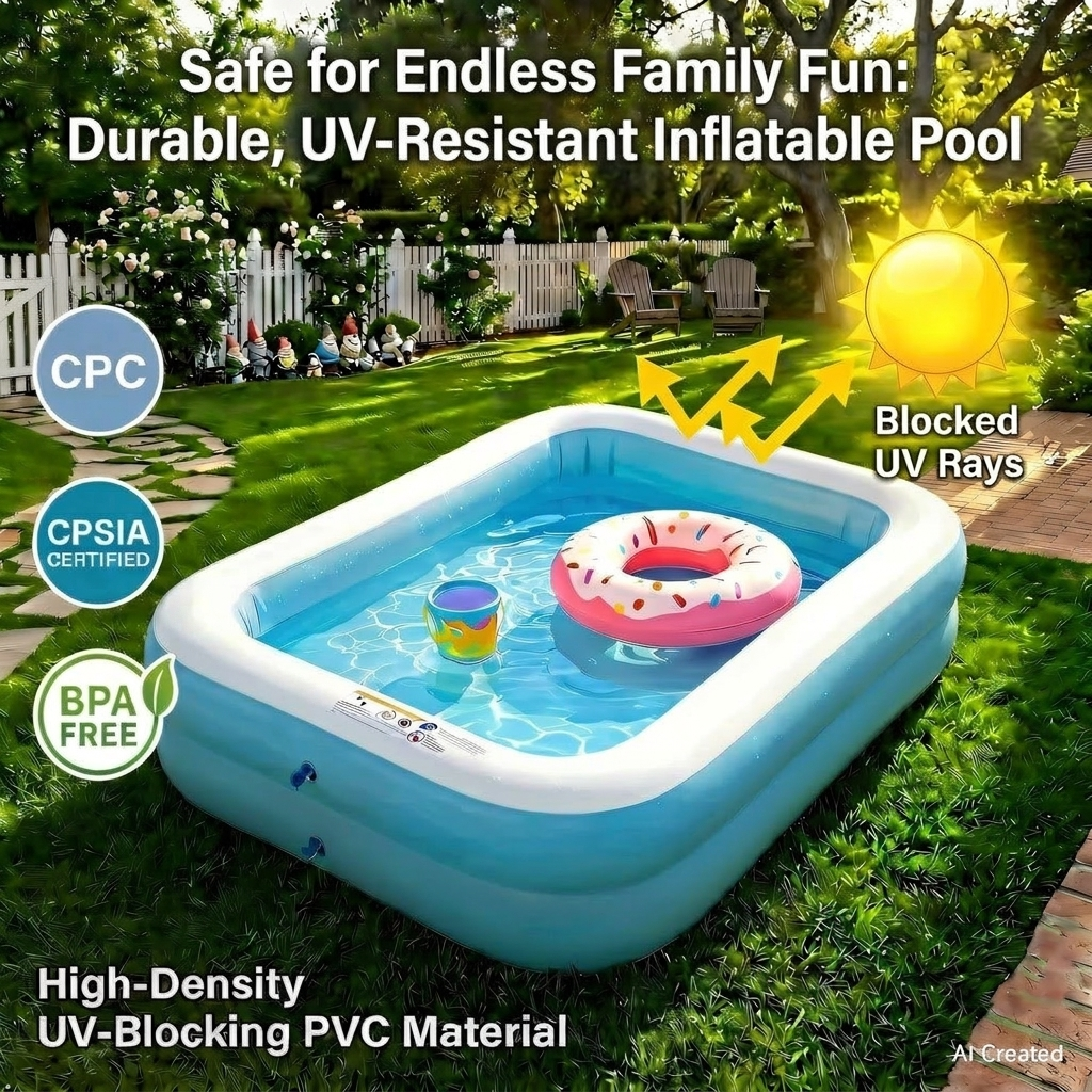 Family blow up pool on a backyard patio deck