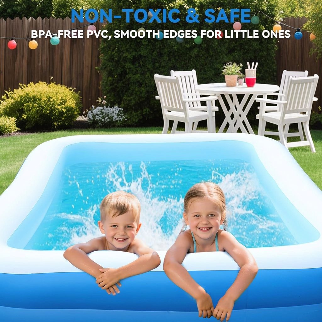 Family size blow up pool with drain valve on a patio