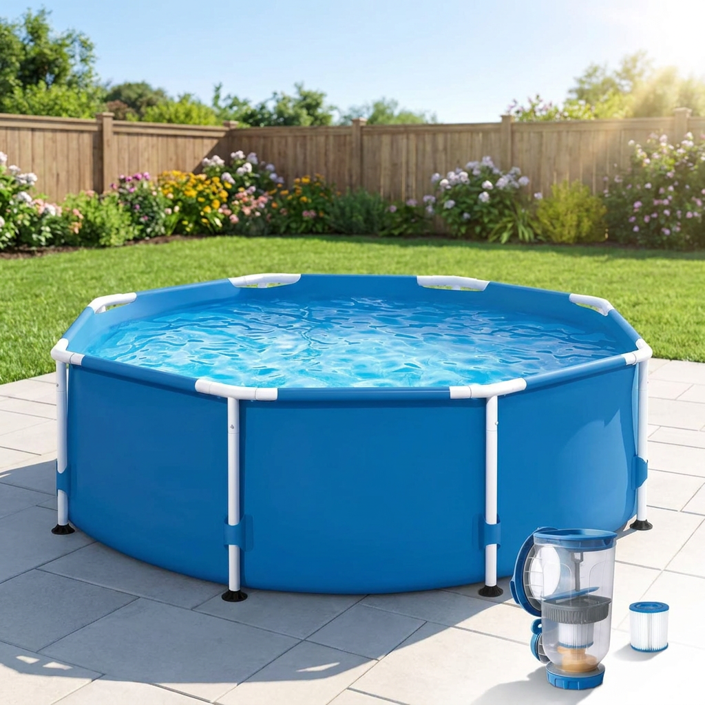 Round above ground swimming pool set in a sunny backyard