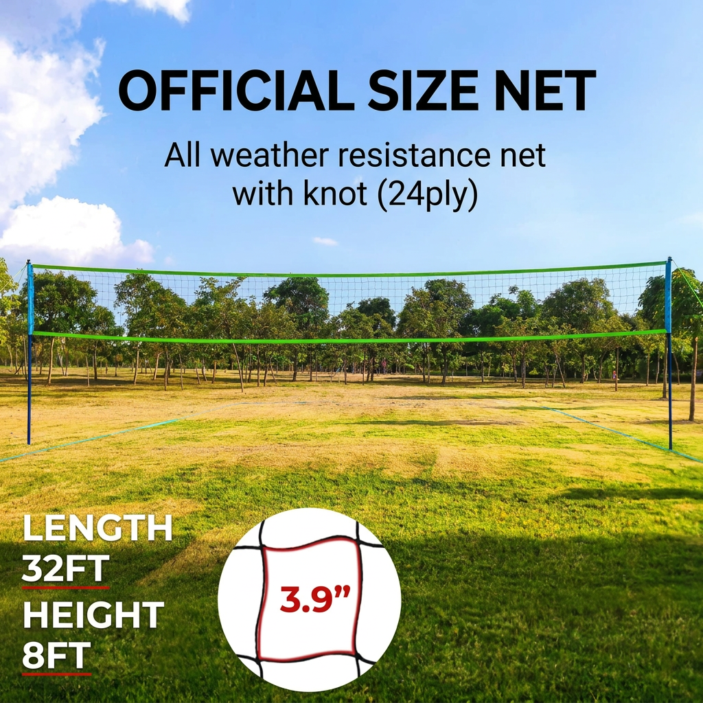 Volleyball net set contents laid out including pump and carry bag