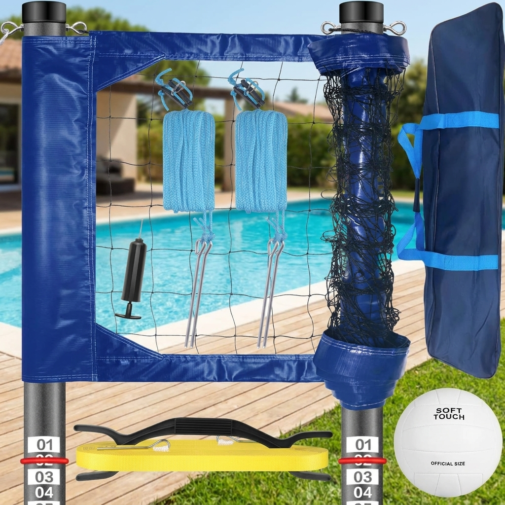 Blue heavy duty aluminum volleyball net set set up on a backyard lawn