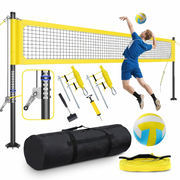 Yellow professional volleyball net set with aluminum poles on a lawn