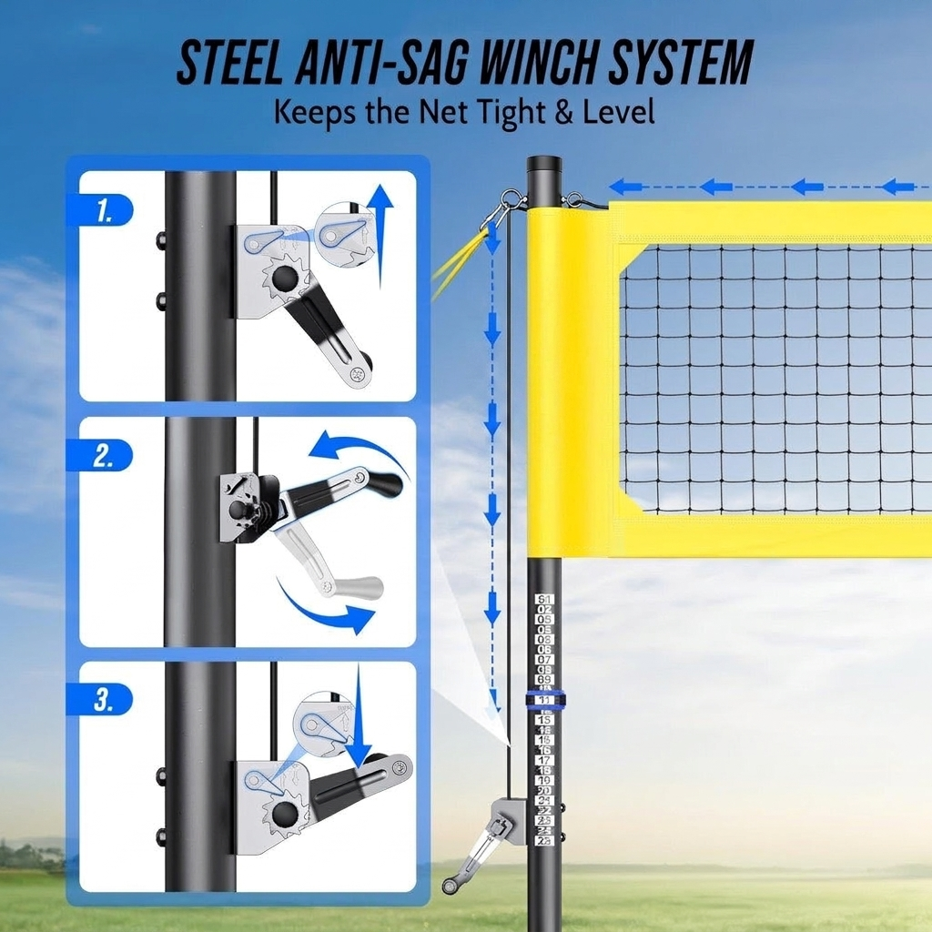 Volleyball net set components including poles, ball and carry bag