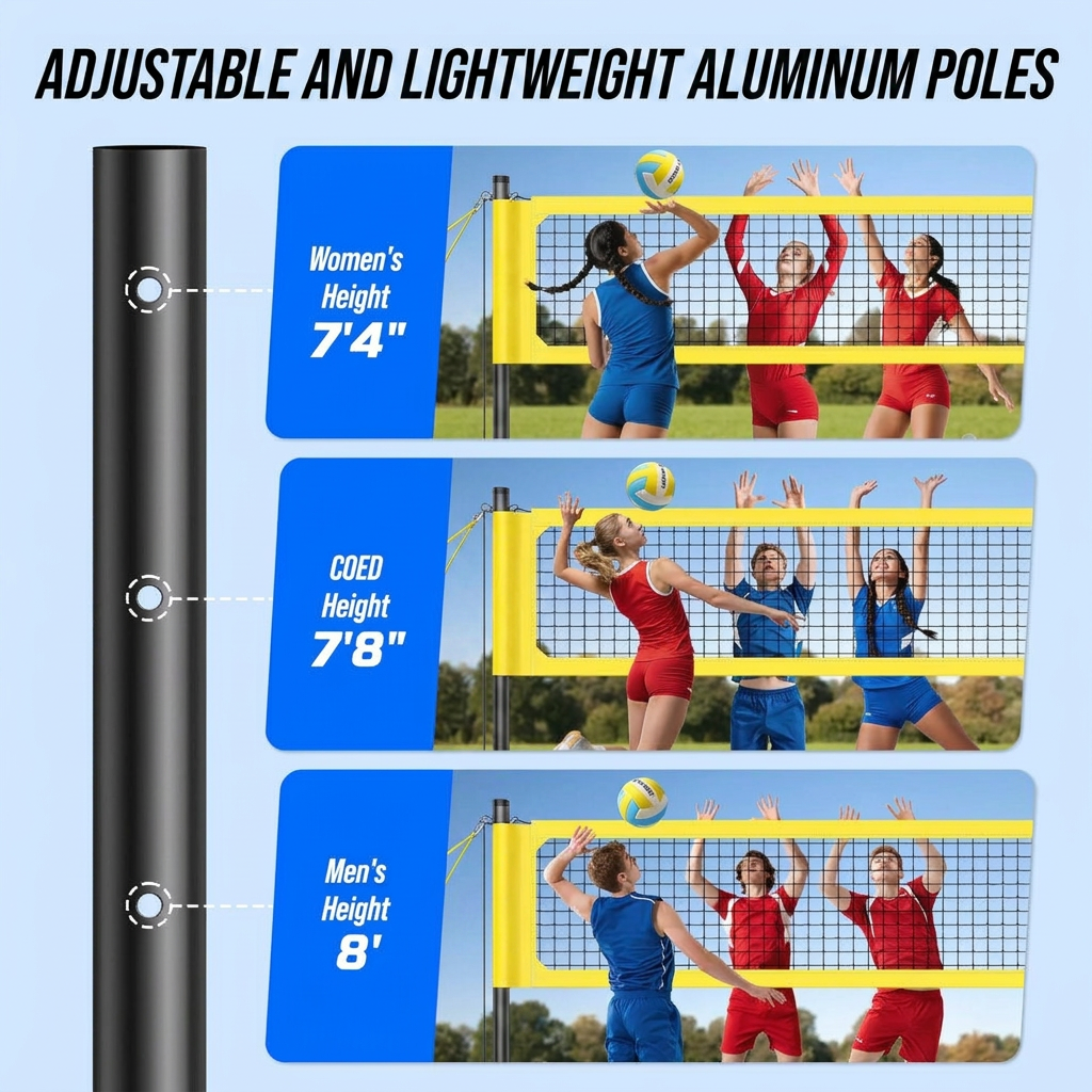 Three adjustable official height settings on the aluminum poles