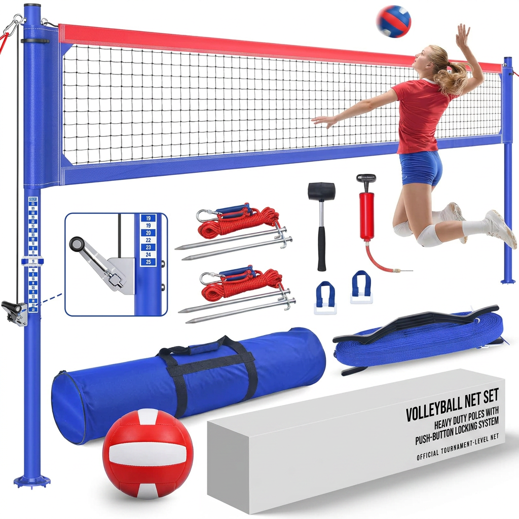 Red and blue professional volleyball net set