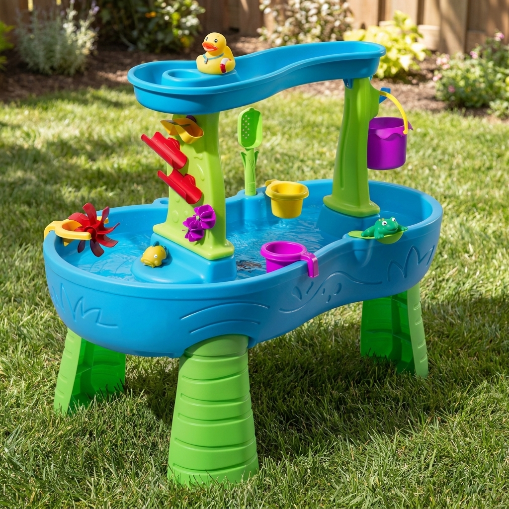 Blue and green toddler water play table with waterfall in a sunny garden