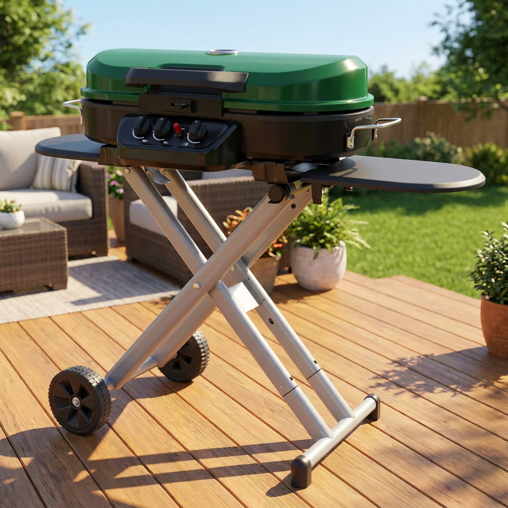 Green portable stand-up propane gas grill with folding side tables