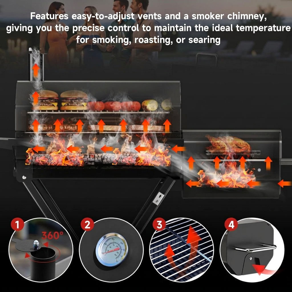 Black foldable charcoal grill and smoker with chimney and wheels