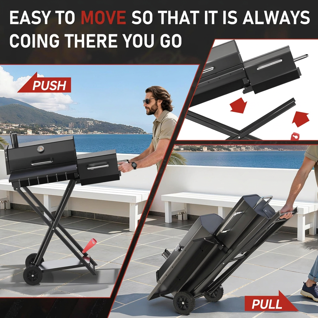 Folding charcoal barbecue with side shelves and storage rack