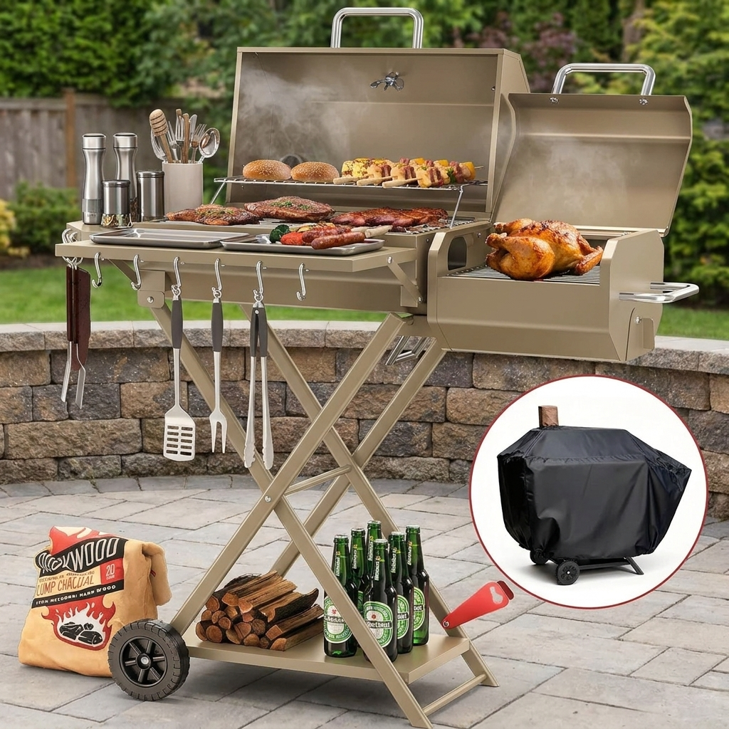Khaki foldable charcoal grill and smoker