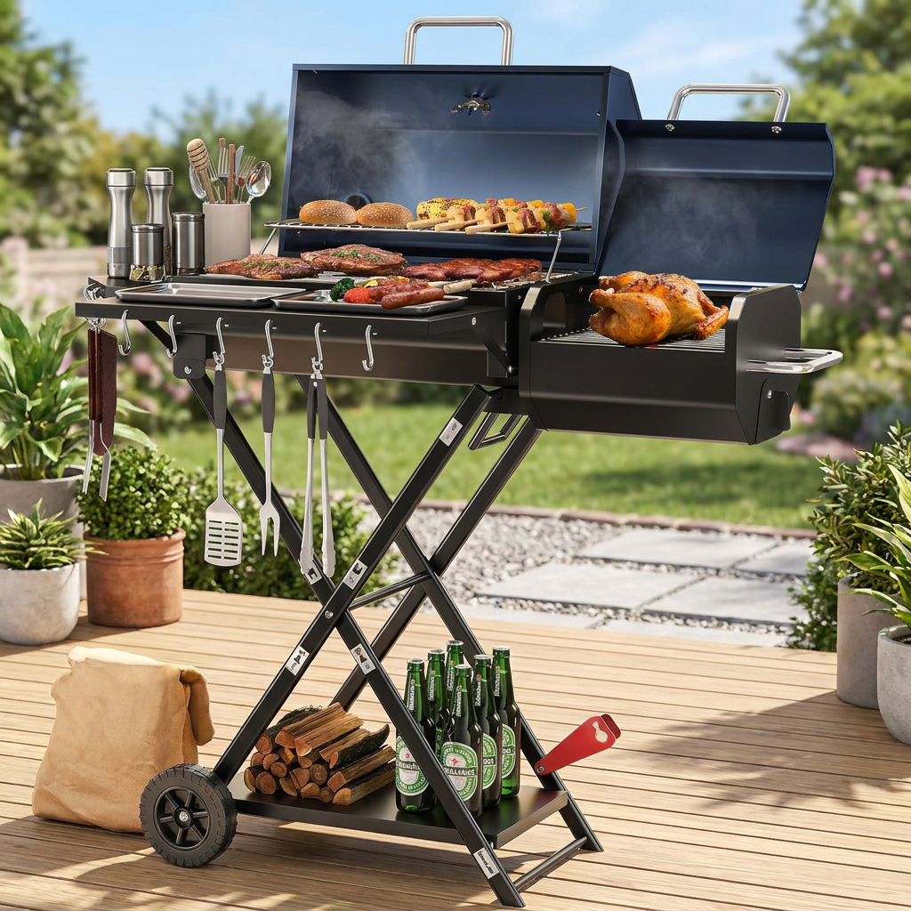 Blue foldable charcoal grill and smoker