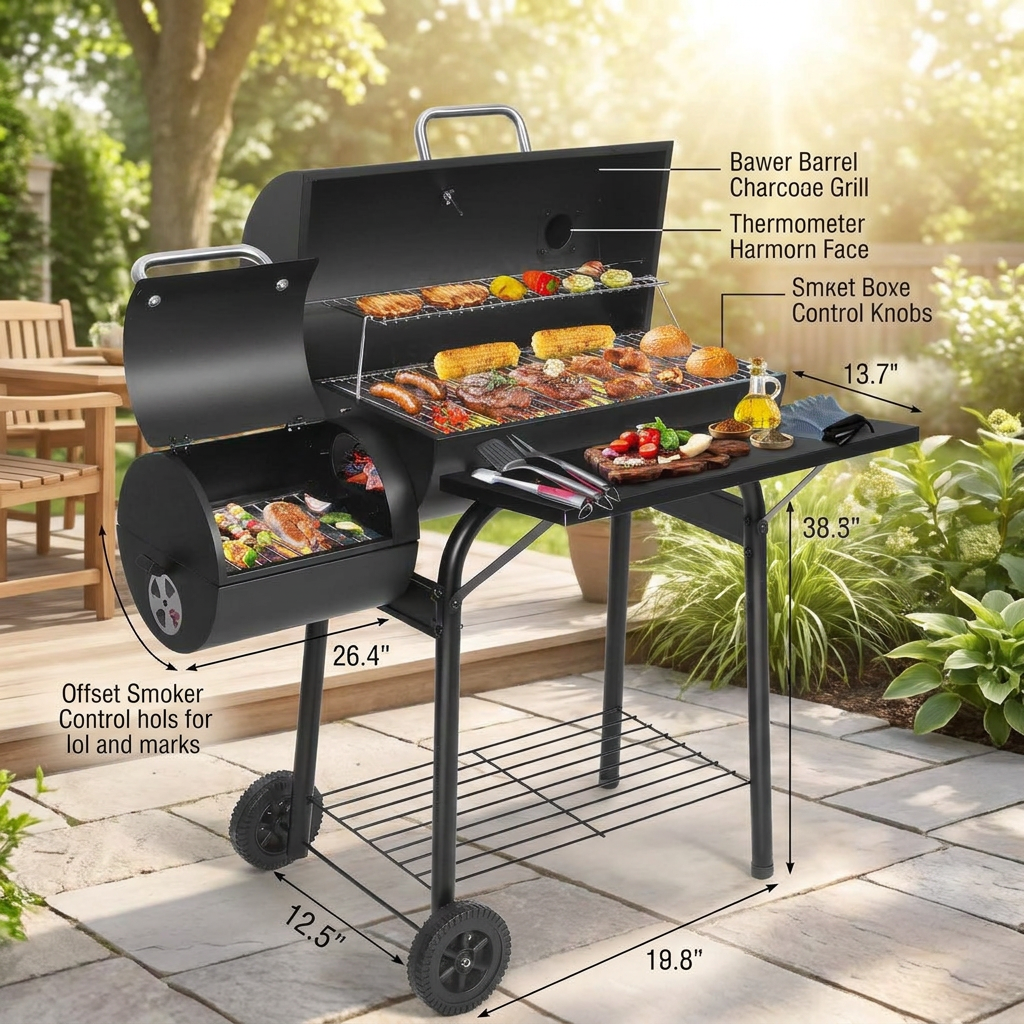 Barrel charcoal grill with offset smoker box on a patio