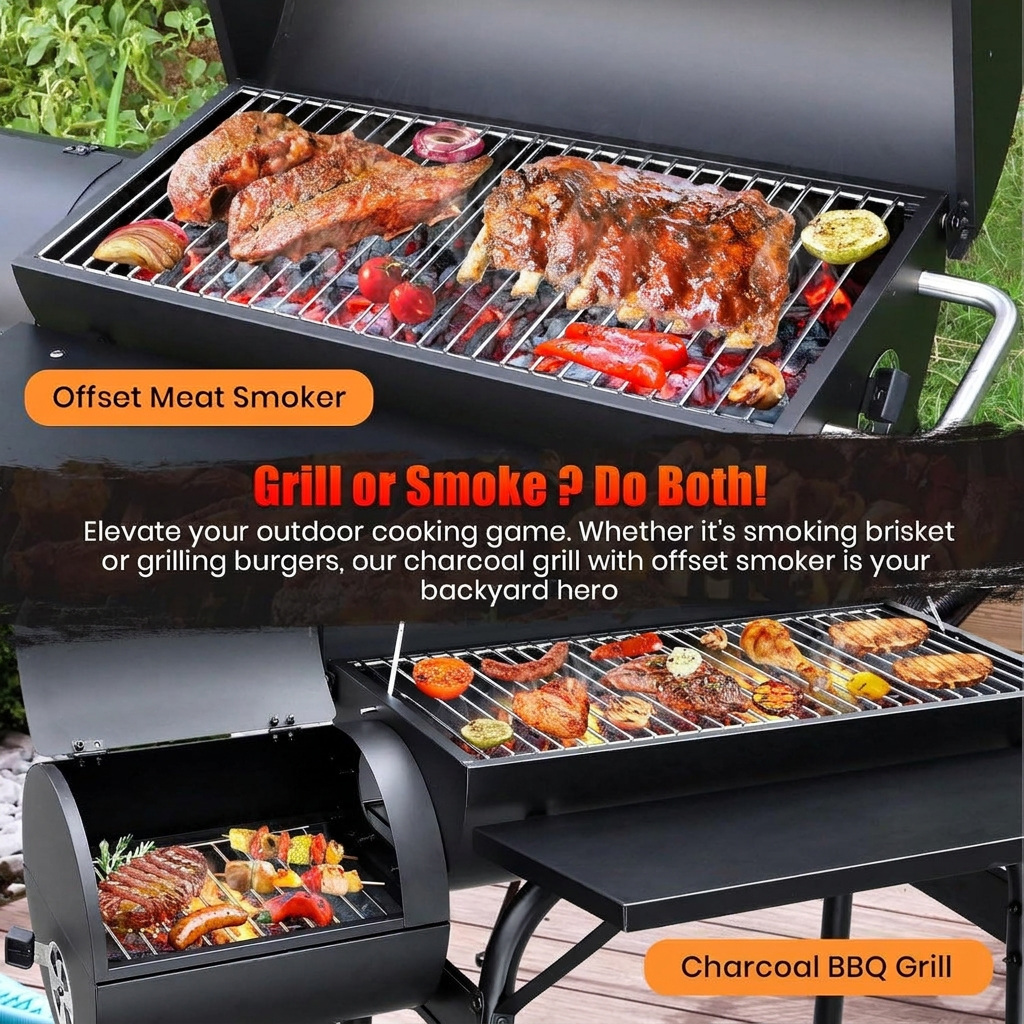 Charcoal grill and smoker combo with side shelves
