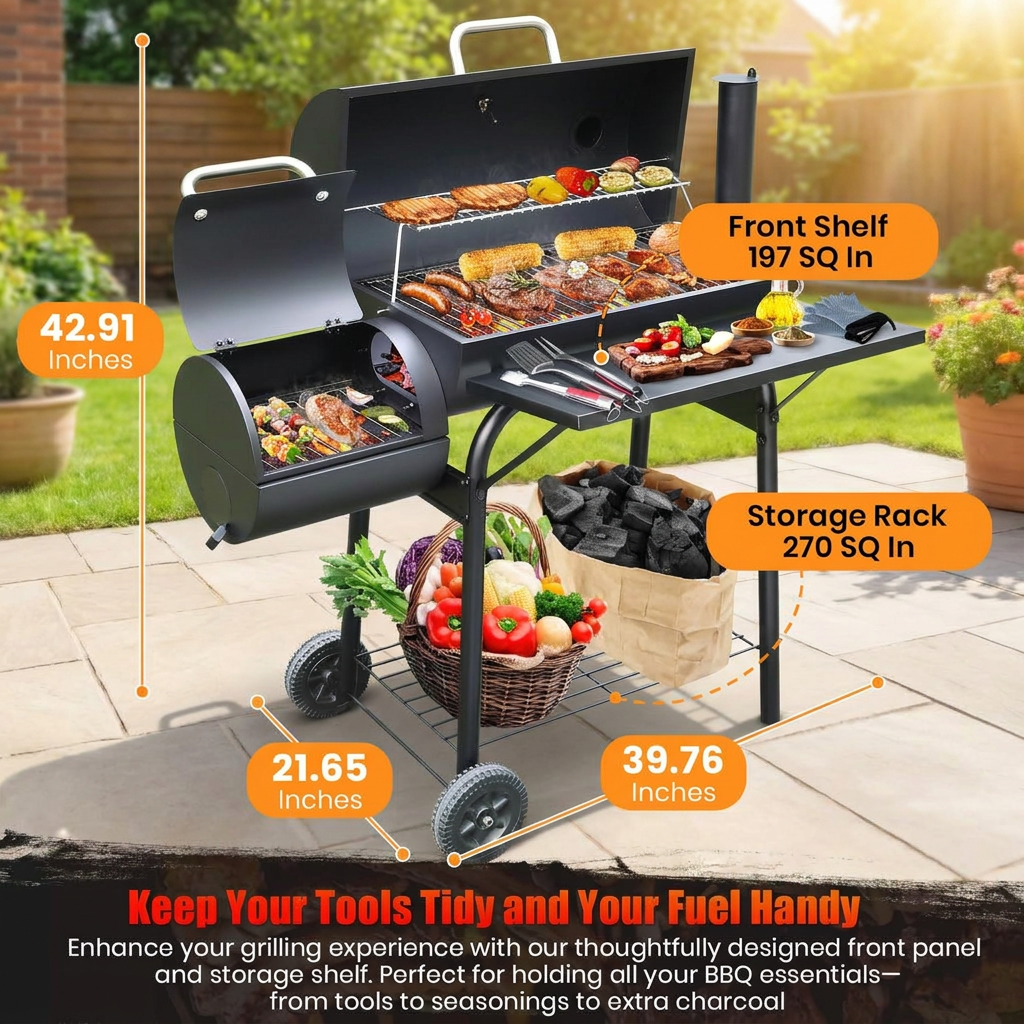 Rolling cart frame and lower storage rack of the charcoal smoker