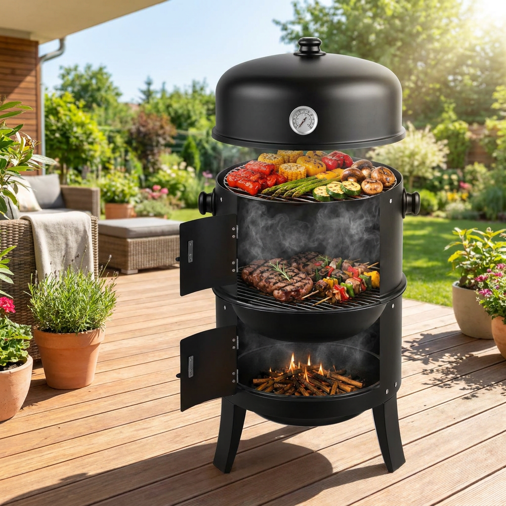Multi-layer vertical charcoal smoker grill with dome lid