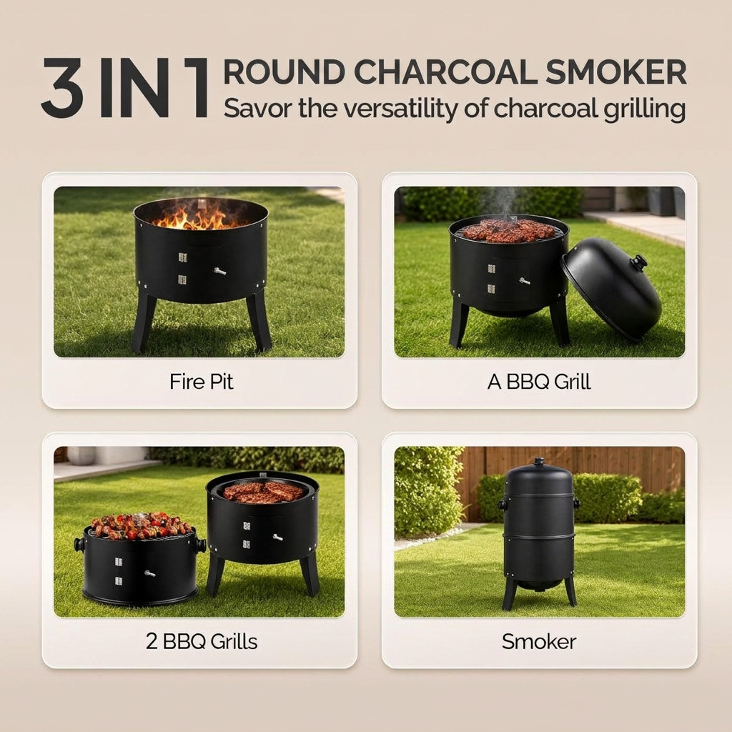 Vertical smoker stacked sections and cooking grates
