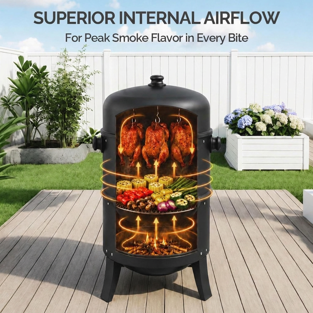Built-in thermometer with temperature scale on the smoker lid