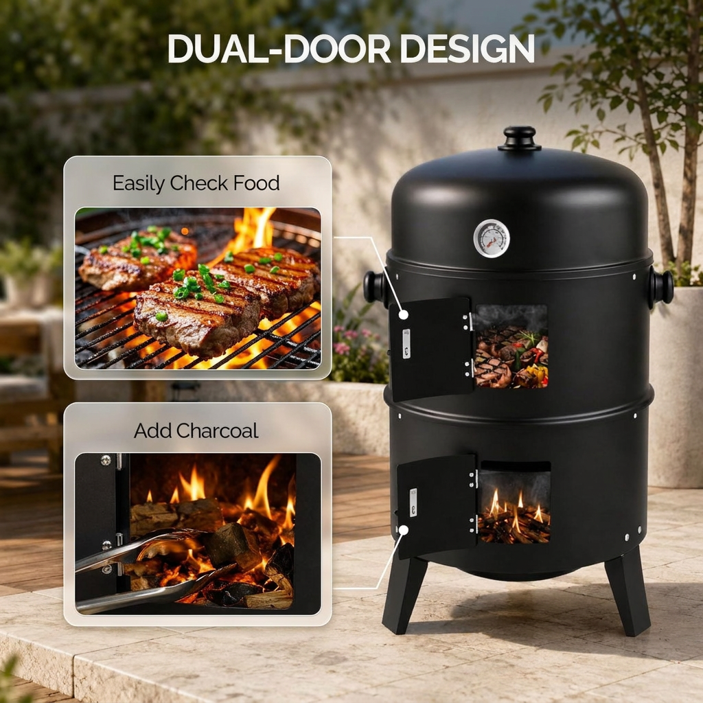 Two hinged access doors on the charcoal smoker body