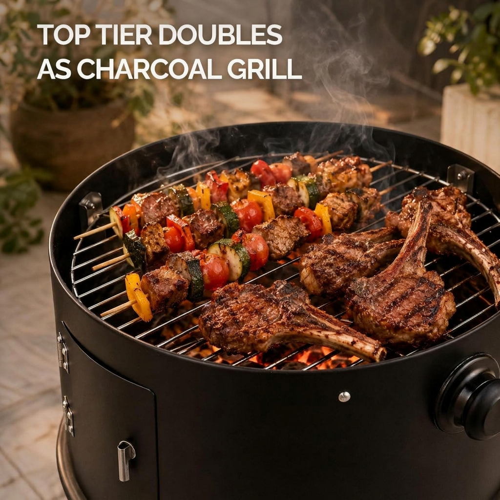 Round charcoal smoker used as an open fire pit