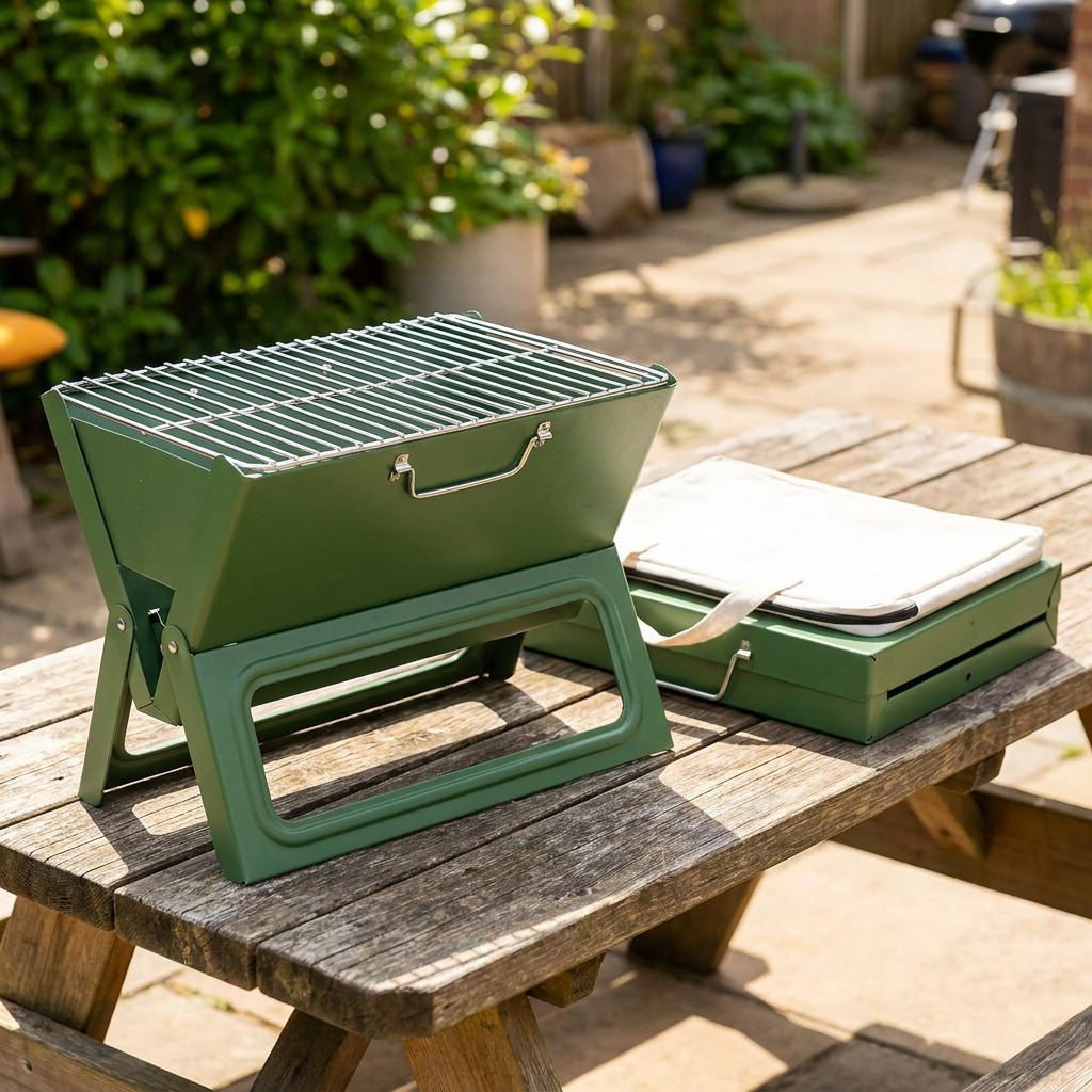 Green foldable tabletop charcoal grill on an outdoor table