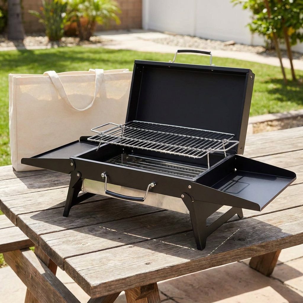 Black foldable tabletop charcoal grill