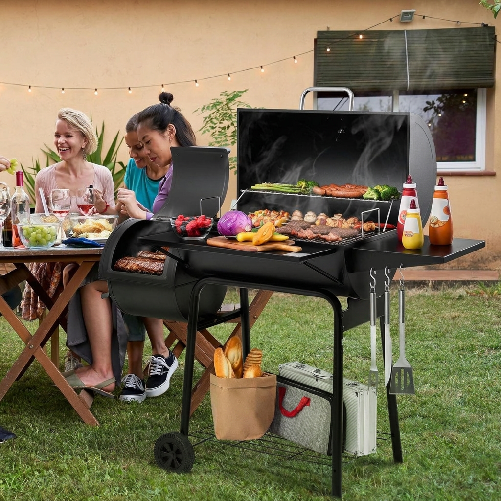 Large charcoal barbecue grill with offset smoker box and side tables