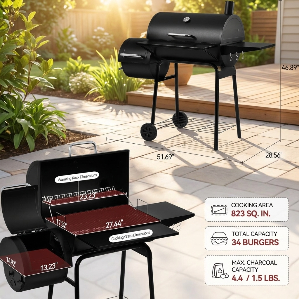 Offset smoker firebox and chimney on the charcoal grill