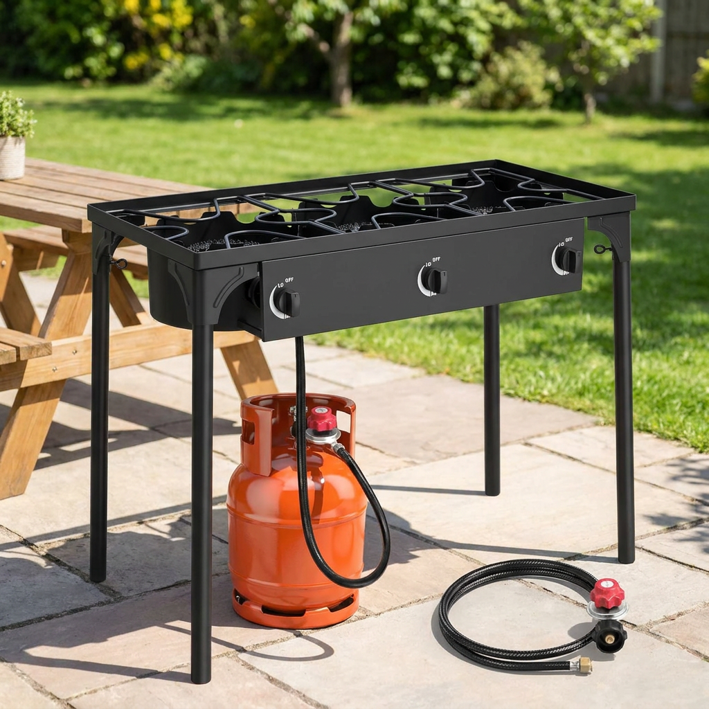 Portable propane burner stove with three cast iron burners