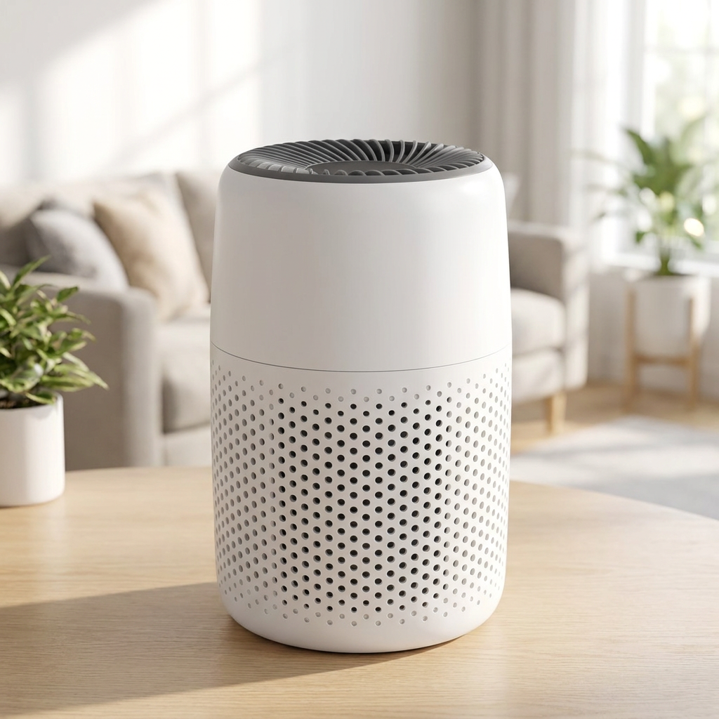 Compact white desktop air purifier