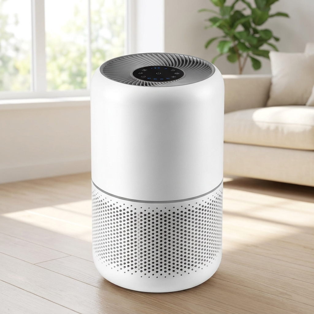 White tower air purifier in a living room