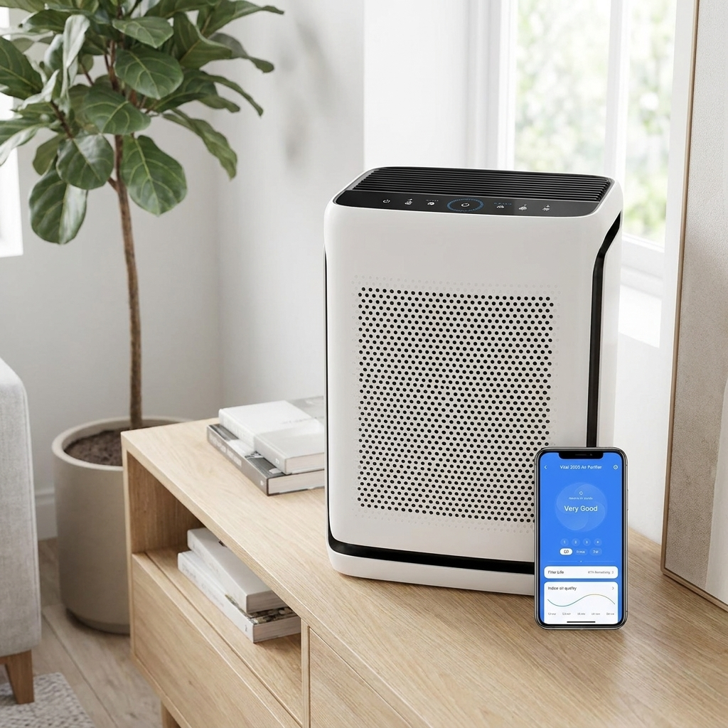 White smart air purifier in a living room
