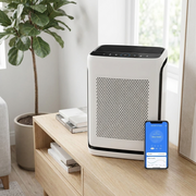 White smart air purifier in a living room