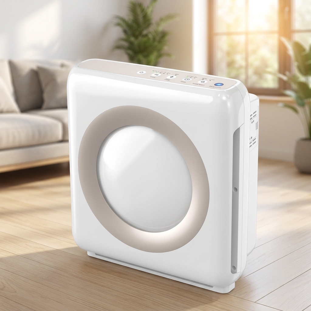 White four-stage air purifier in a living room