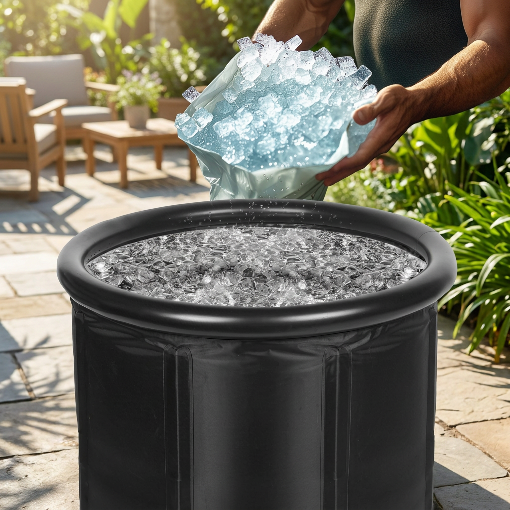 Adding ice to the cold plunge tub