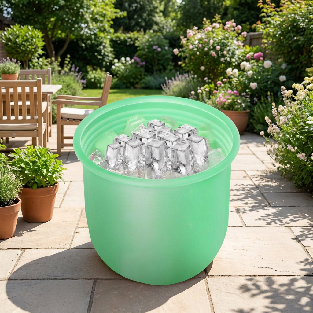 Green portable ice bath tub filled with ice