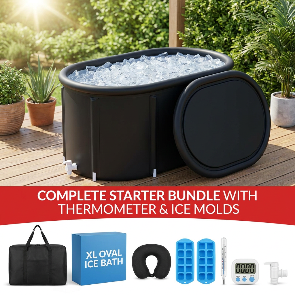 XL oval cold plunge ice bath tub with cover and accessory bundle