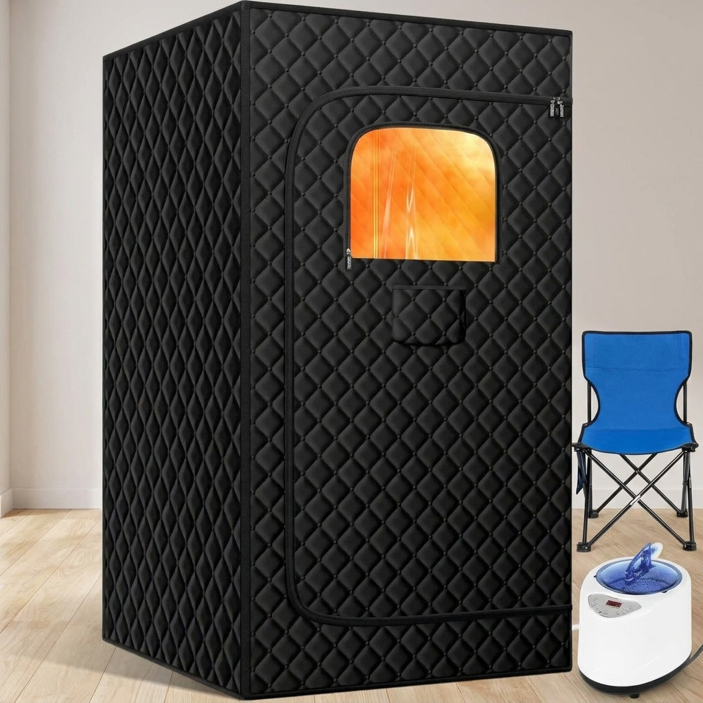Portable steam sauna tent with folding chair and steam generator