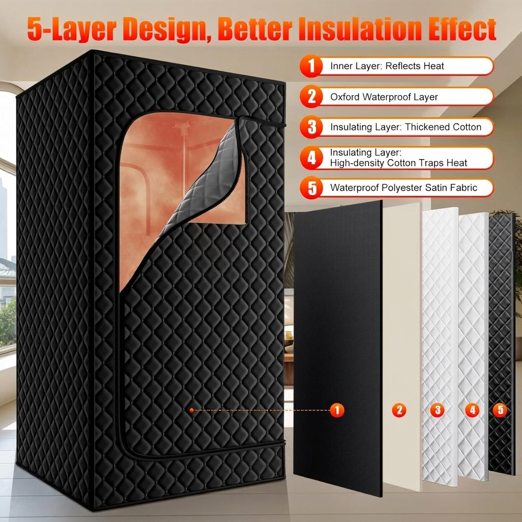 Five layer insulated wall construction of the sauna tent
