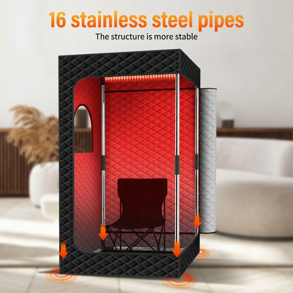 Infrared sauna tent with red light panel set up in a living room