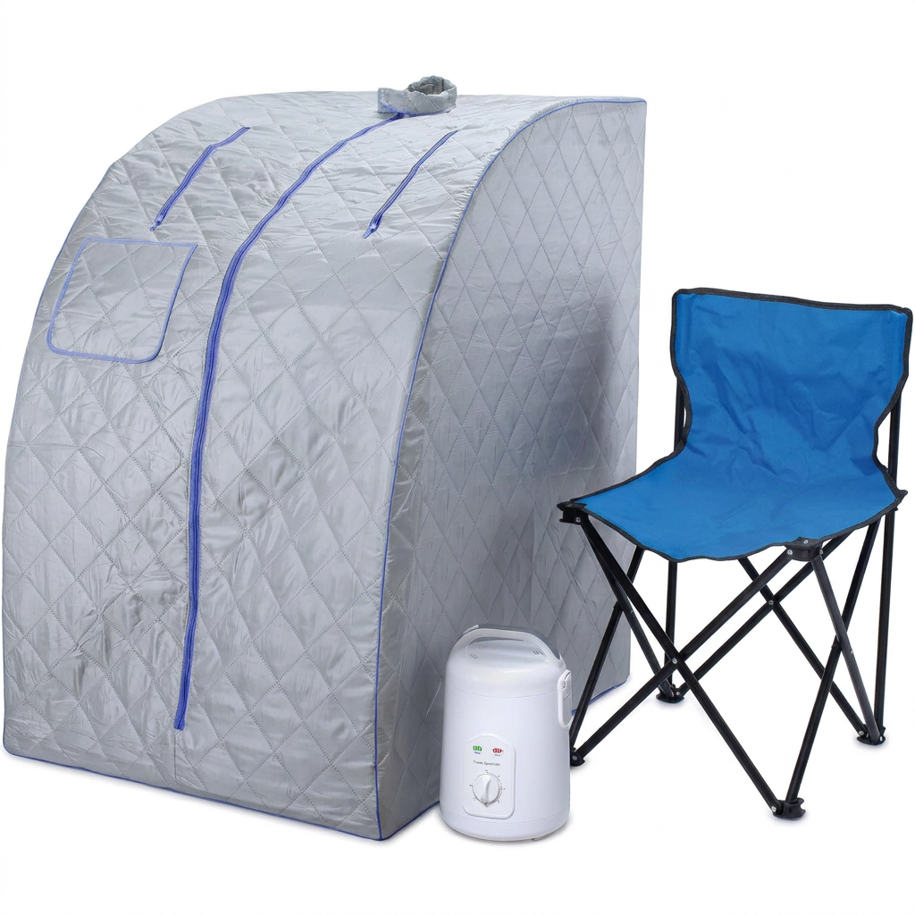 Silver steam sauna cabin with blue zip trim