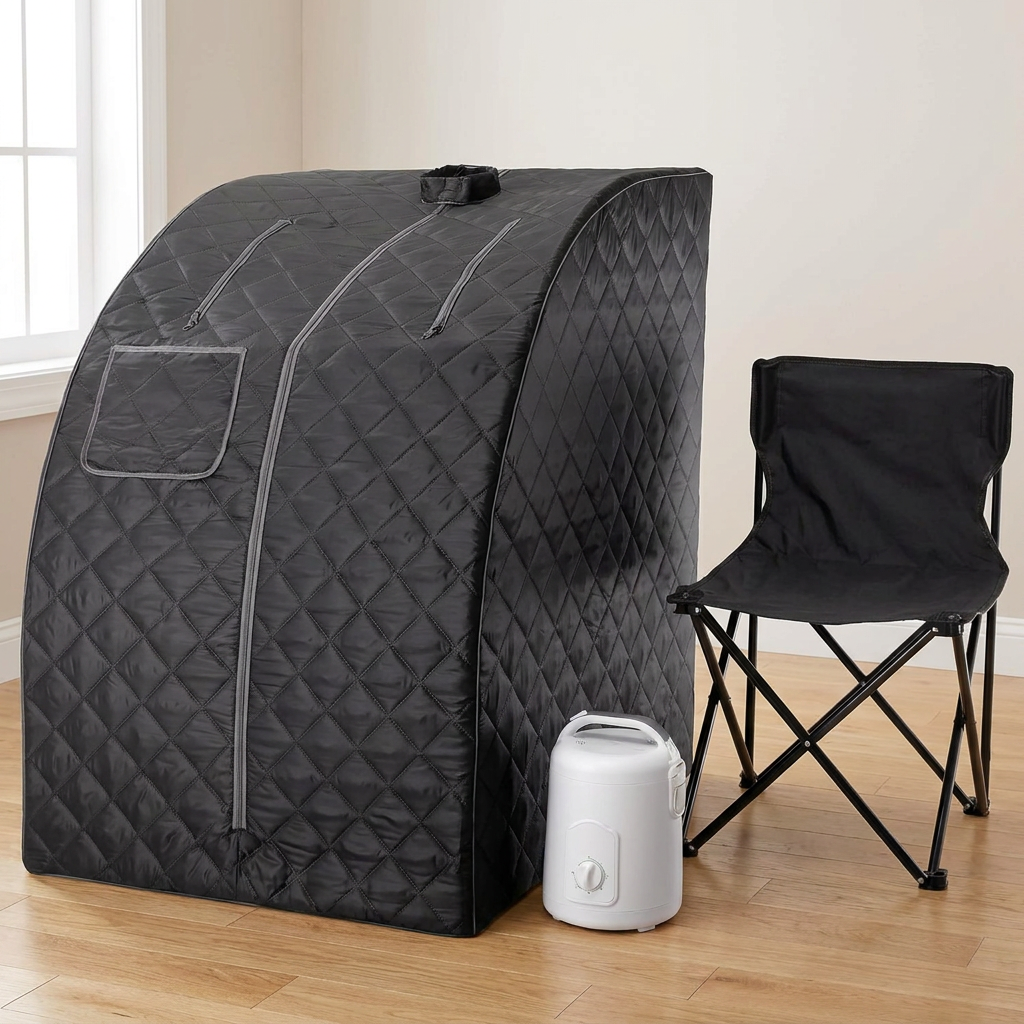Black personal steam sauna cabin with folding chair and steam generator