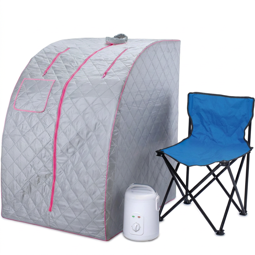 Silver steam sauna cabin with pink zip trim